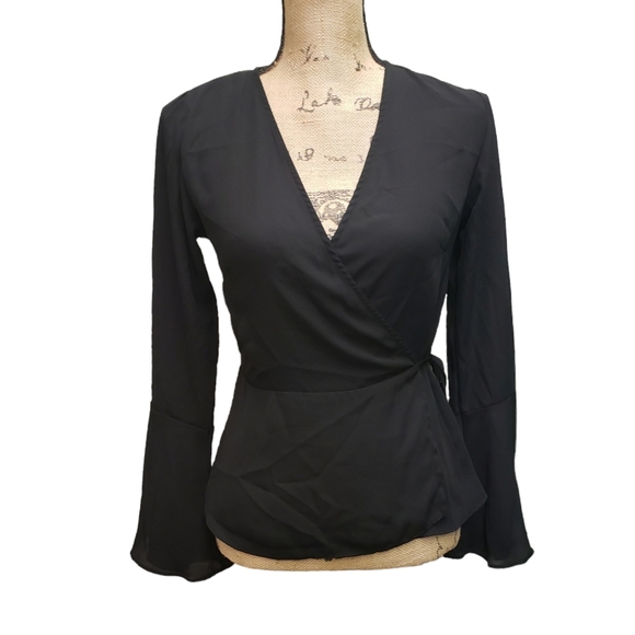 Ambiance Black Fitted Wrap Bell Sleeve Top Size Small - Picture 1 of 14
